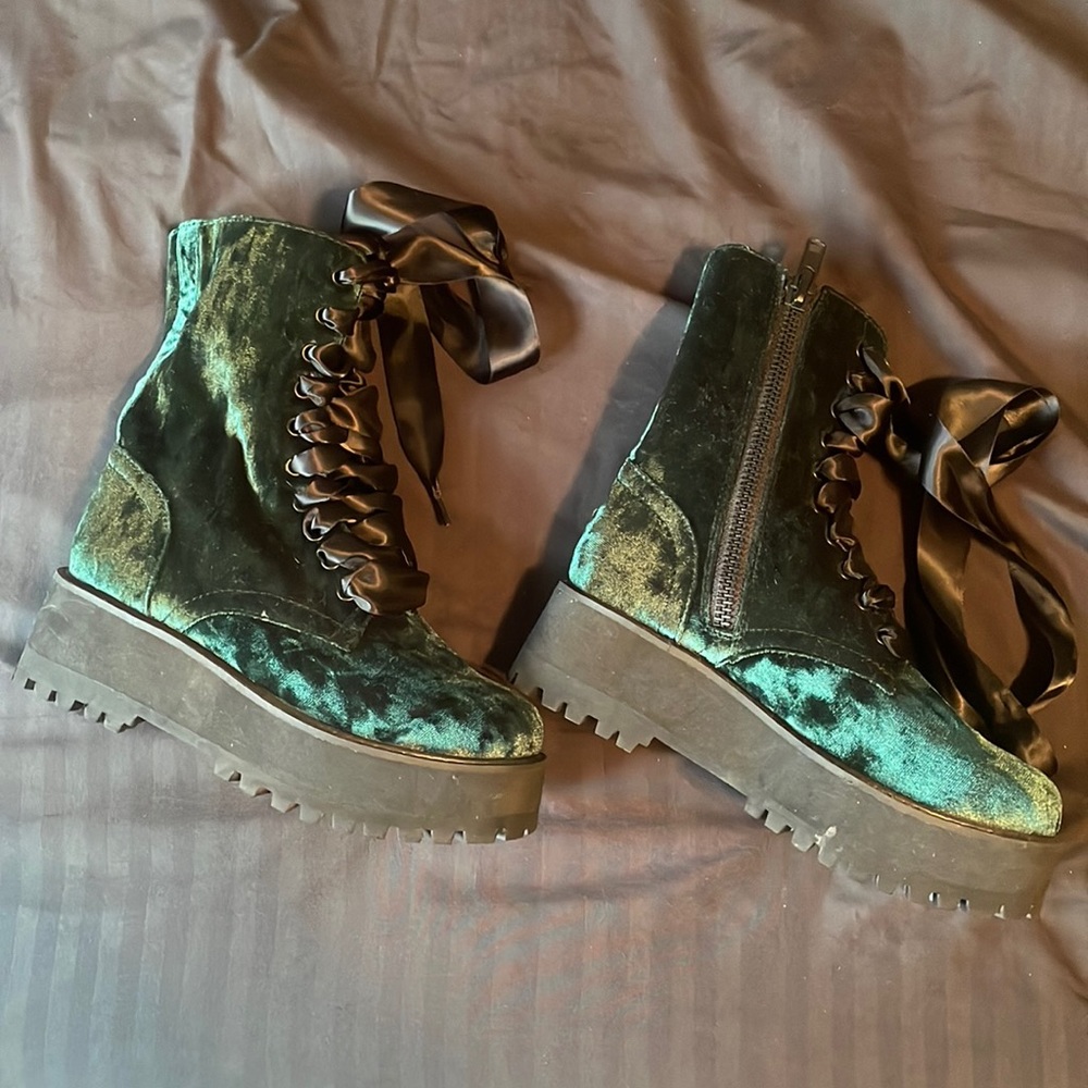Green Velvet Platform Boots